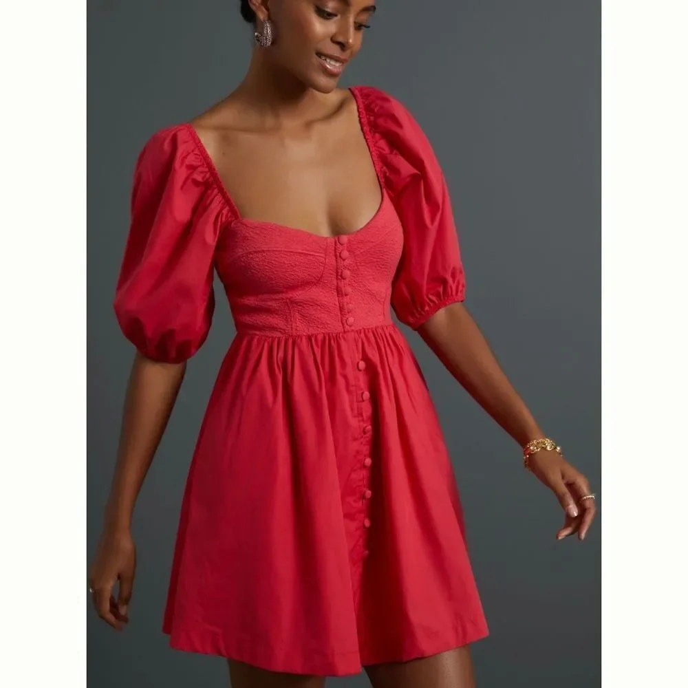 Maeve Puff-Sleeved Sweetheart Mini Dress | Anthropologie | Size: Small